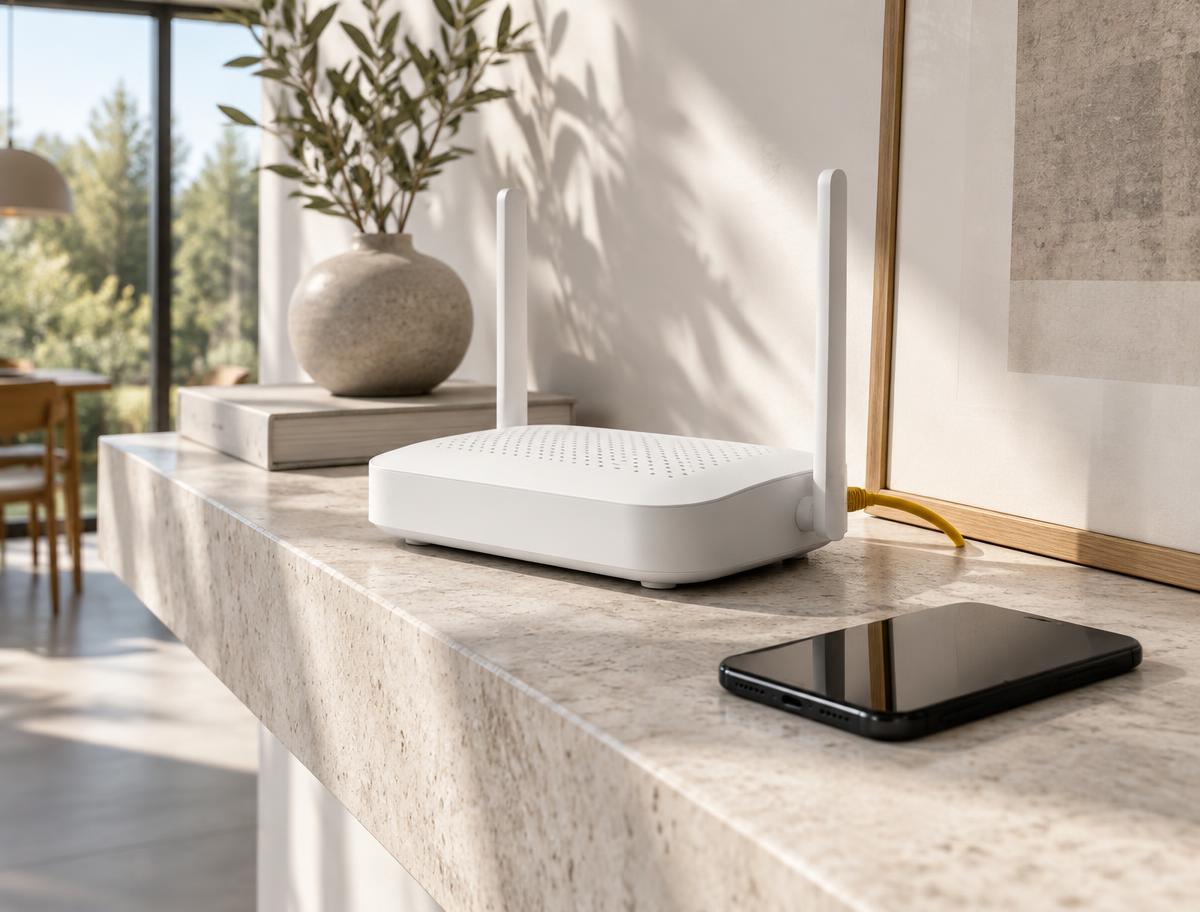 Router und Smartphone in einem hellen Zuhause